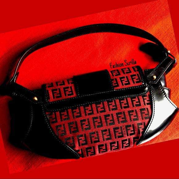 Vintage Fendi Zucca FF Monogram Logo Red Black And Gold Mini Handbag