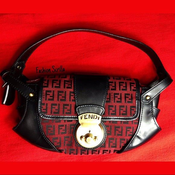 Vintage Fendi Zucca FF Monogram Logo Red Black And Gold Mini Handbag