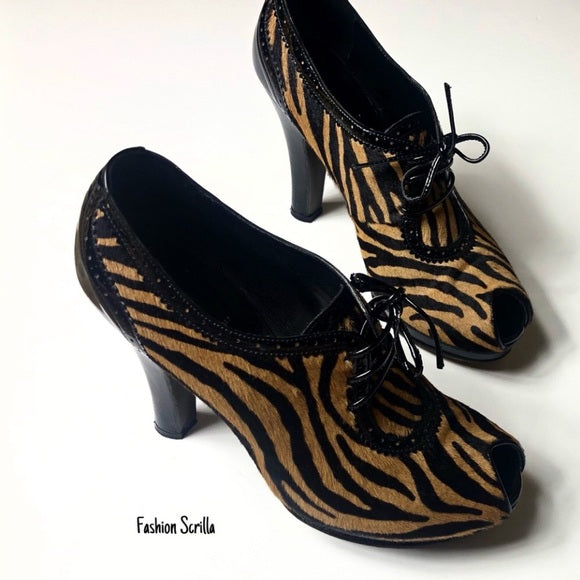 Vintage Fendi Tiger Print Pony Hair Animal Print Platform Mary Jane Bootie Heel