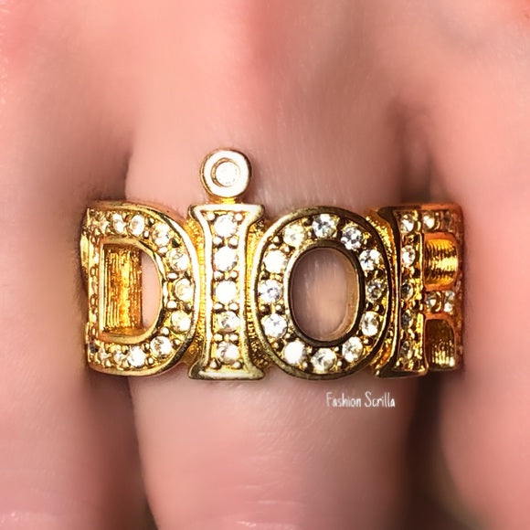 Vintage Christian Dior Spelled Out Crystal Logo Diamanté Ring