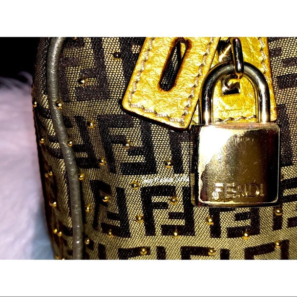 Vintage Fendi Zucchino FF Monogram Logo Metallic Tobacco Brown Gold Studded Forever Bauletto Boston Mini Bag