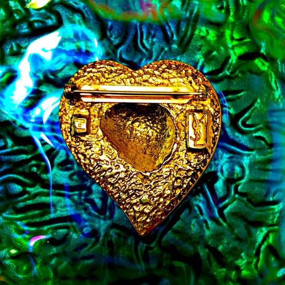 Vintage Yves Saint Laurent Gold Heart Logo Collectible Brooch Pin