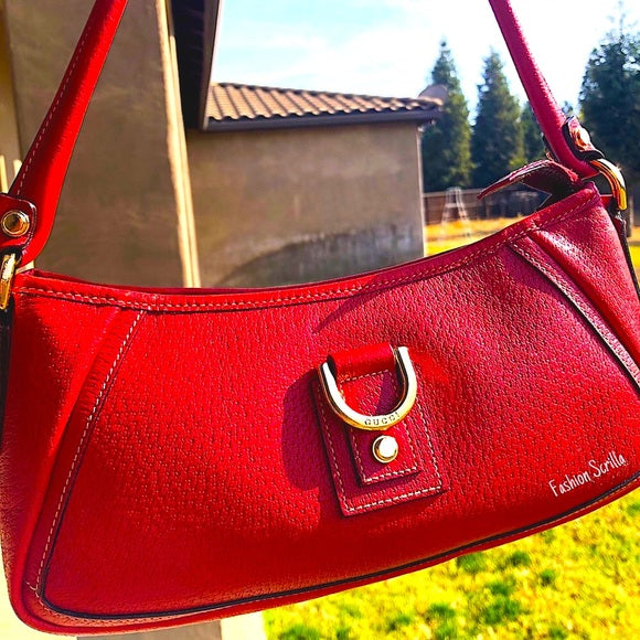 Vintage Gucci Red Leather Rolled Handle Shoulder Bag