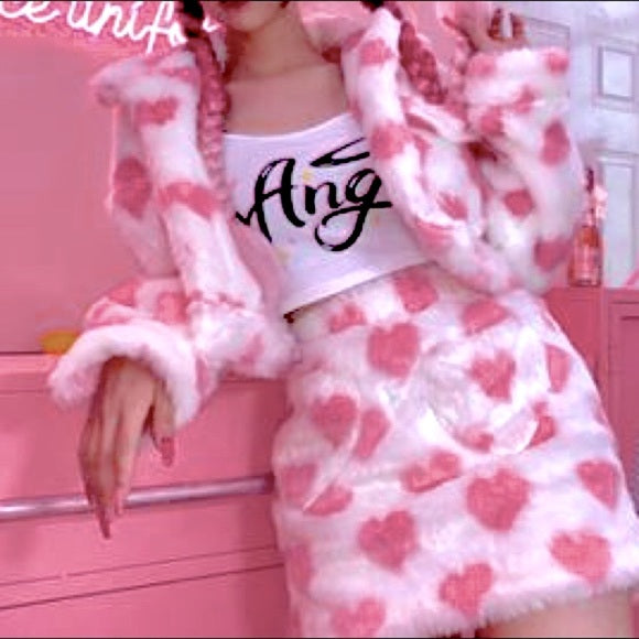 Hearts Cropped Faux Fur Pink Heart White Coat