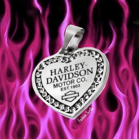 Harley Davidson Silver Chrome Heart Diamanté Crystal Pendant necklace