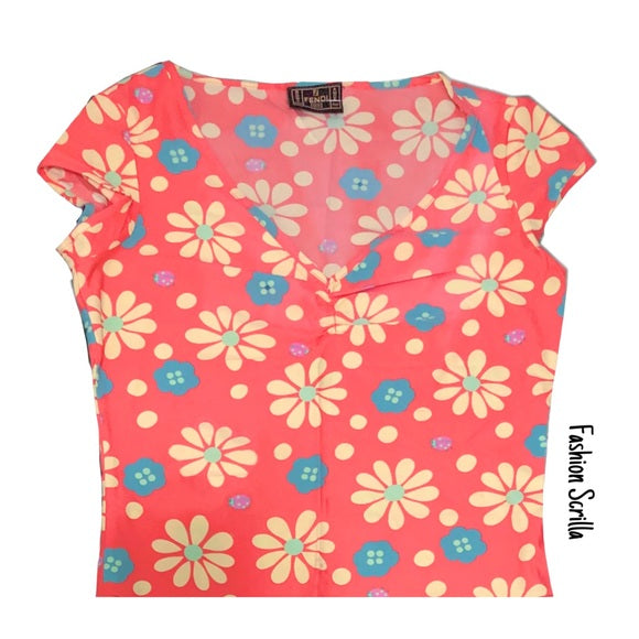 Vintage Fendi Zucca Monogram FF Logo Ladybug Pastel Daisy Floral Top Shirt