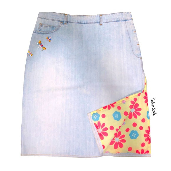 Vintage Fendi Dragonfly Crystal Diamanté Embellished Daisy Floral Design Blue Denim Jean Skirt