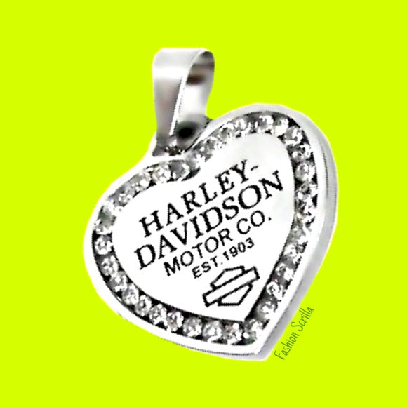 Harley Davidson Silver Chrome Heart Diamanté Crystal Pendant necklace