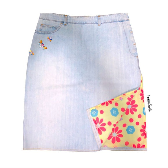 Vintage Fendi Dragonfly Crystal Diamanté Embellished Daisy Floral Design Blue Denim Jean Skirt