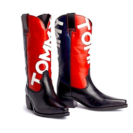 Vintage Tommy Hilfiger Giant Spelled Out Logo Red White and Blue Leather Cowgirl Boots