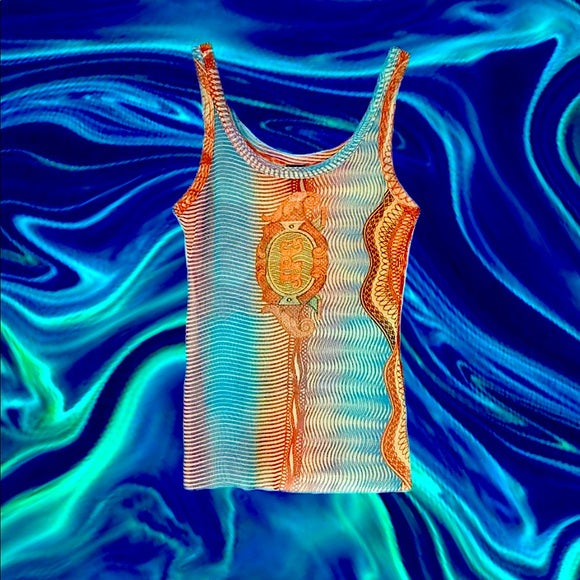 Jean Paul Gaultier Vintage Blue Orange Currency Money Runway Sleeveless Shirt Top