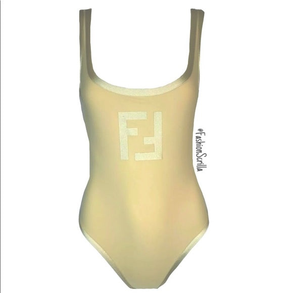 Vintage Fendi Off-White Ivory FF Logo Monogram One Piece Swimsuit