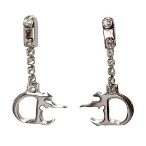 Dior Vintage Silver Crystal “D” Flame Logo Drop Earrings