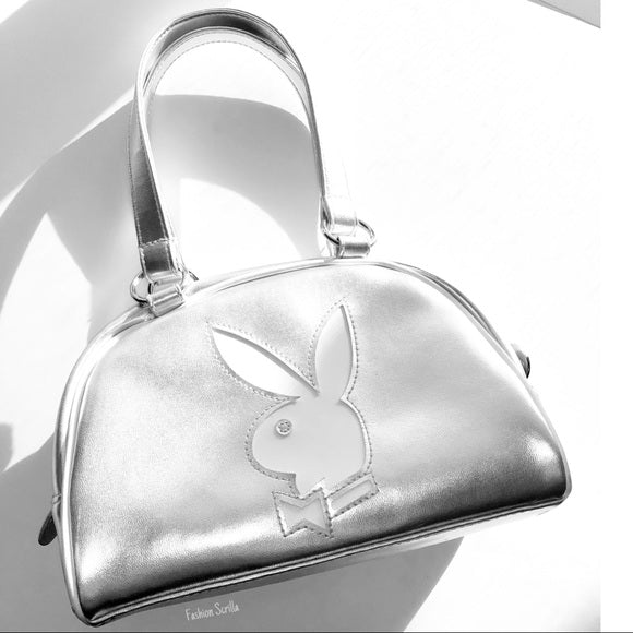 Vintage Playboy Silver Metallic Chrome XL White Bunny Logo Mini Handbag