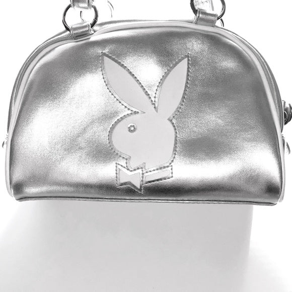 Vintage Playboy Silver Metallic Chrome XL White Bunny Logo Mini Handbag