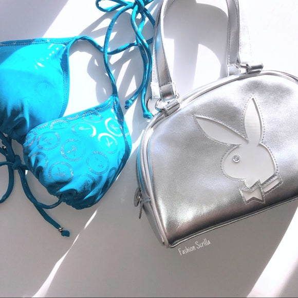 Vintage Playboy Silver Metallic Chrome XL White Bunny Logo Mini Handbag