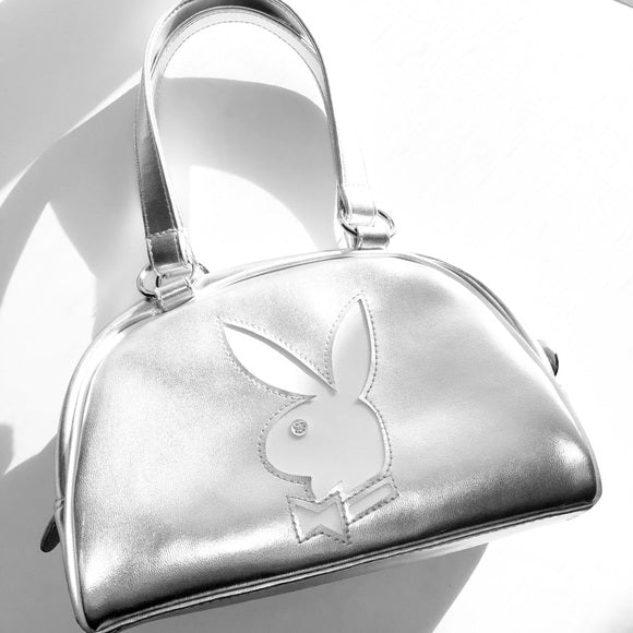 Vintage Playboy Silver Metallic Chrome XL White Bunny Logo Mini Handbag