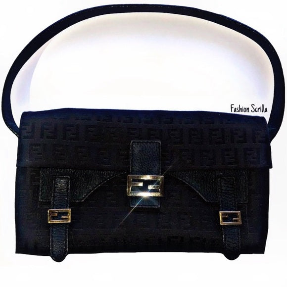 Vintage Fendi Mini Zucchino FF logo Monogram Double Flap Mamma Baguette Hand Bag Shoulder Bag