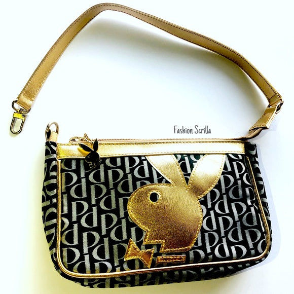 Vintage Playboy Gold Giant Bunny logo Black White Shoulder Bag Convertible Wristlet Mini Hand Bag