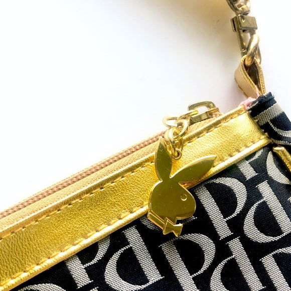 Vintage Playboy Gold Giant Bunny logo Black White Shoulder Bag Convertible Wristlet Mini Hand Bag