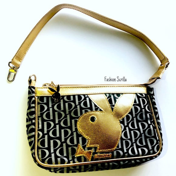 Vintage Playboy Gold Giant Bunny logo Black White Shoulder Bag Convertible Wristlet Mini Hand Bag