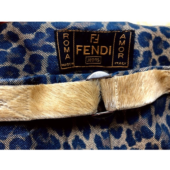 Vintage Fendi Denim Jean Trousers Leopard Print Design With Real Pony Hair Belt