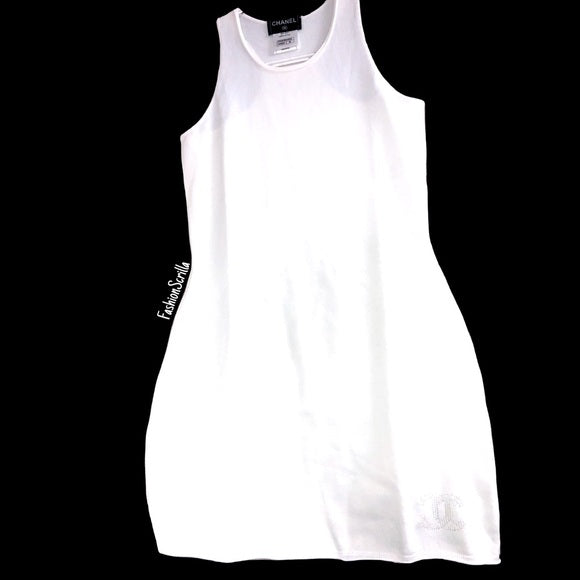 Vintage Chanel Knit Logo White Sleeveless Bodycon Mini Dress