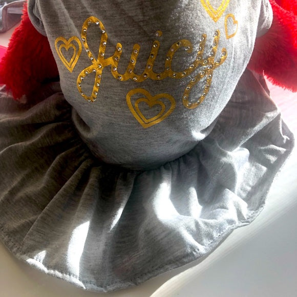 Juicy Couture Luxury Gray Metallic Gold Diamanté Logo Pet Dog Ruffle Mini Dress