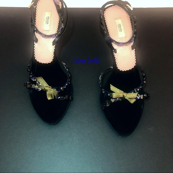 Vintage Prada Velvet Diamanté Swarovski Crystal Embellished Bow Heels