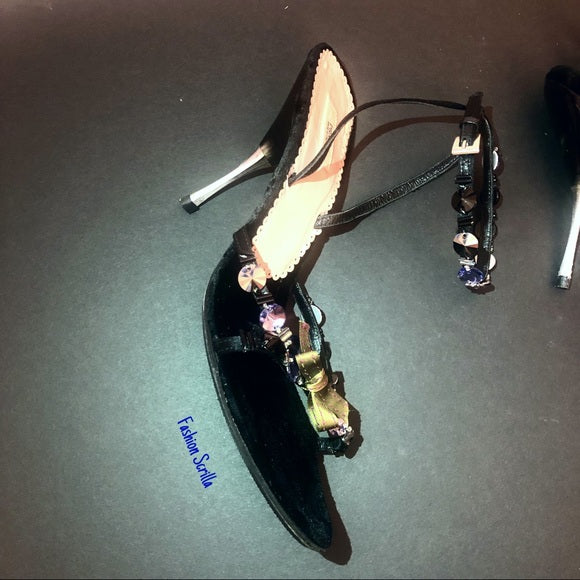 Vintage Prada Velvet Diamanté Swarovski Crystal Embellished Bow Heels