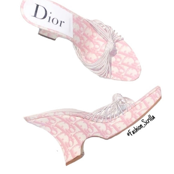 DIOR Vintage John Galliano Pink White Monogram Logo Trotter Platform Sandal Heel