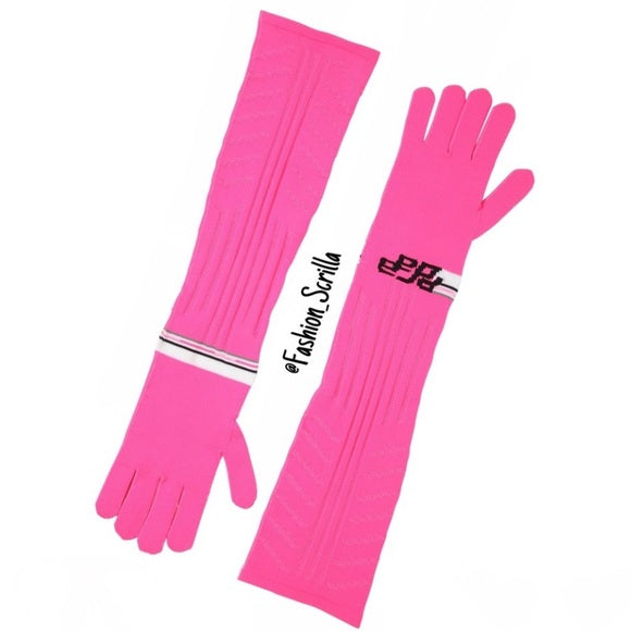 PRADA Pink Black White Spelled Out Logo Long Knit Opera Gloves