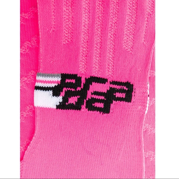 PRADA Pink Black White Spelled Out Logo Long Knit Opera Gloves