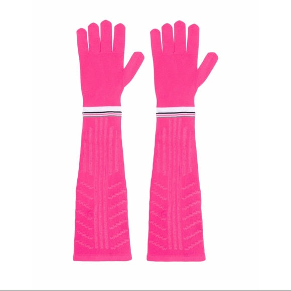 PRADA Pink Black White Spelled Out Logo Long Knit Opera Gloves