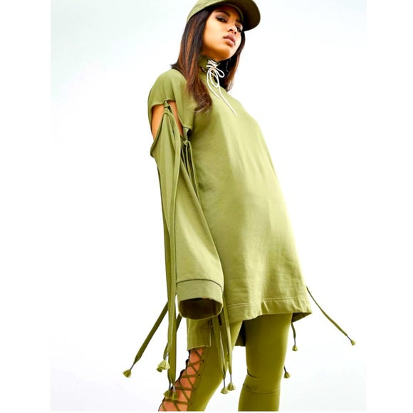 Fenty Puma by Rihanna Runway Green Sleeve Tie Sweatshirt Dress