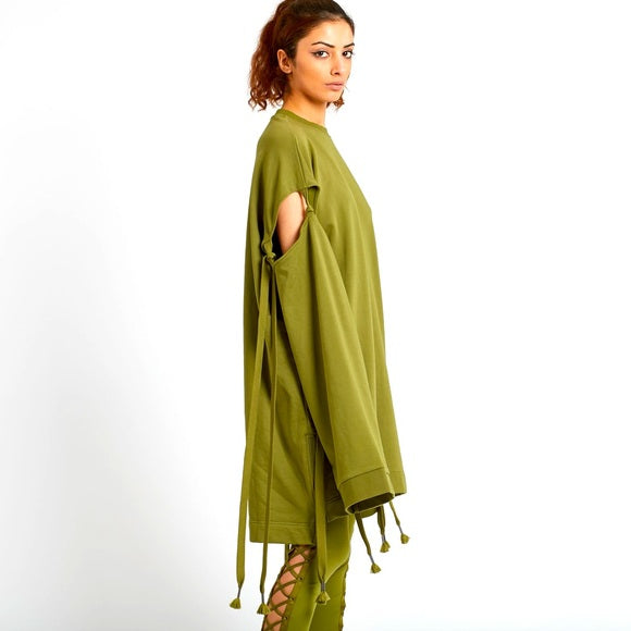 Fenty Puma by Rihanna Runway Green Sleeve Tie Sweatshirt Dress