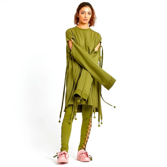 Fenty Puma by Rihanna Runway Green Sleeve Tie Sweatshirt Dress