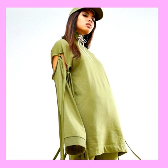 Fenty Puma by Rihanna Runway Green Sleeve Tie Sweatshirt Dress