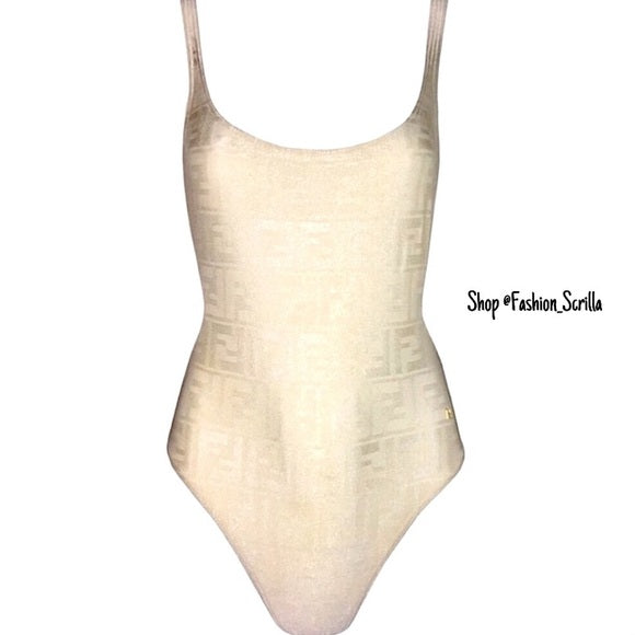 Vintage Fendi Ivory Off White Zucca ‘FF’ Monogram Logo Swimsuit