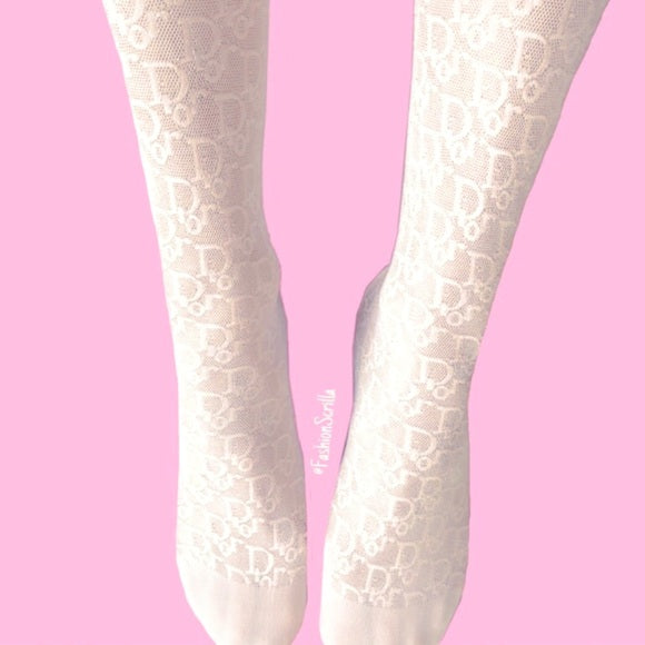 Vintage Dior White Oblique Monogram Trotter Logo Sheer white Lace Stockings