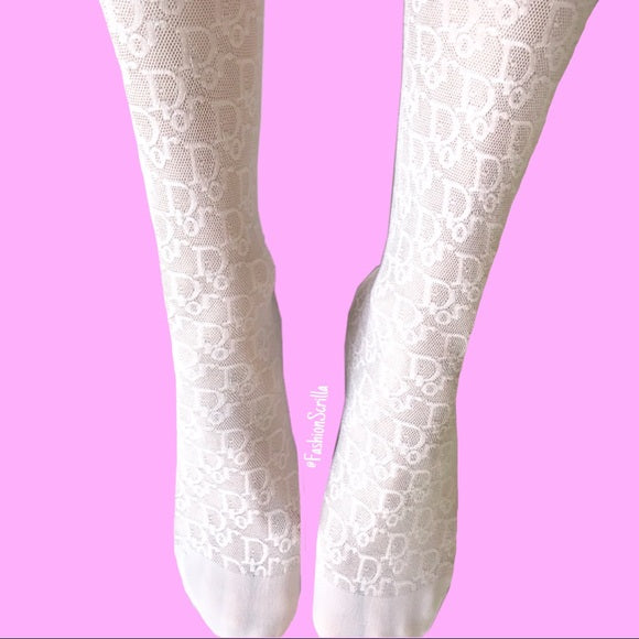 Vintage Dior White Oblique Monogram Trotter Logo Sheer white Lace Stockings