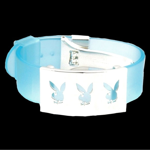 Vintage Playboy Silver Bunny Logo Charm Blue Jelly Cuff Bracelet