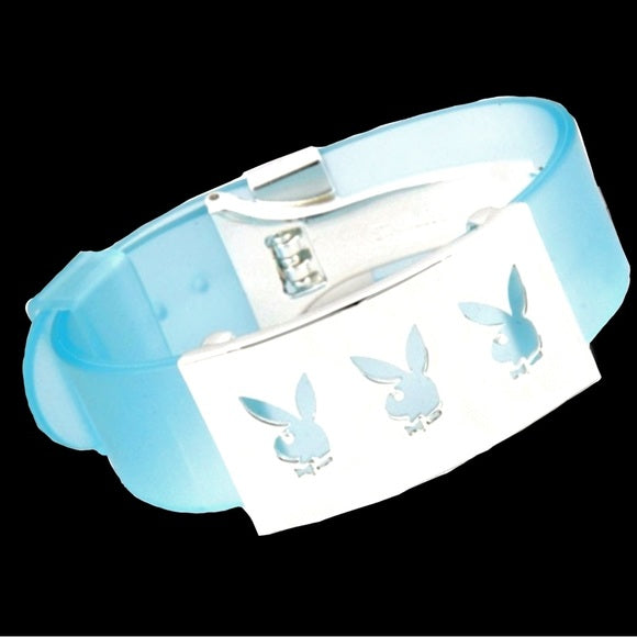 Vintage Playboy Silver Bunny Logo Charm Blue Jelly Cuff Bracelet