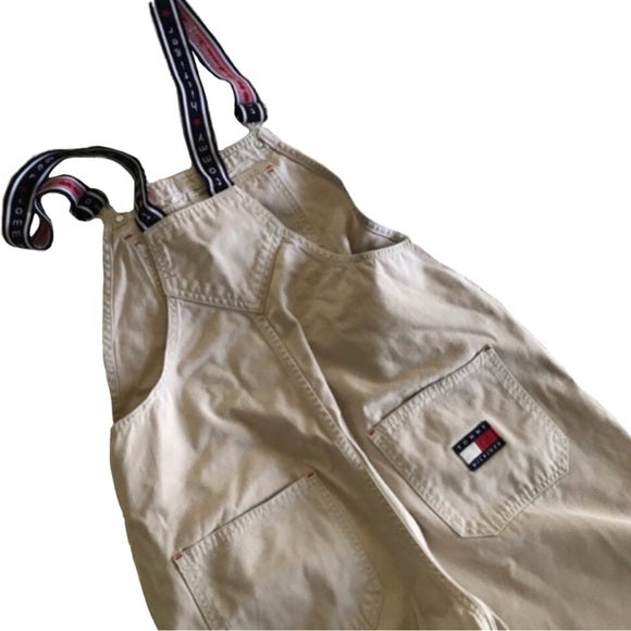 Vintage Tommy Hilfiger Embroidered Spelled Out Logo Patch Oversized Men’s Khaki Tan Denim Overall Jump Suit