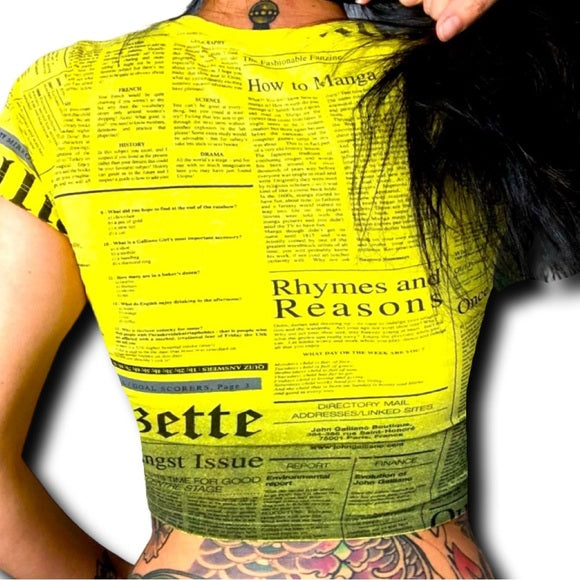 Vintage John Galliano Iconic Black Yellow News Print Shirt Cropped Top