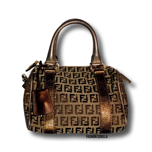 Vintage Fendi Zucchino FF Monogram Logo Metallic Tobacco Brown Gold Studded Forever Bauletto Boston Mini Bag