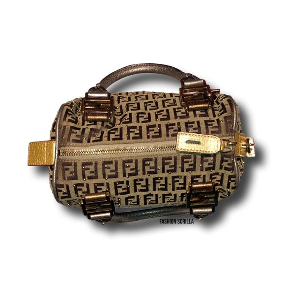 Vintage Fendi Zucchino FF Monogram Logo Metallic Tobacco Brown Gold Studded Forever Bauletto Boston Mini Bag