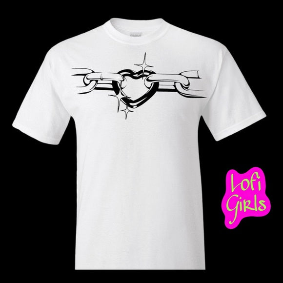 Love Locked Down Graffiti Heart Chain Custom Hand Crafted Vinyl Lofi Girls Adult Shirt