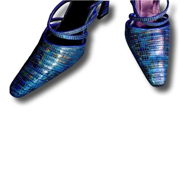 Vintage Fendi Python Design Leather Rainbow Blue Iridescent Python Print Sling Back Heels