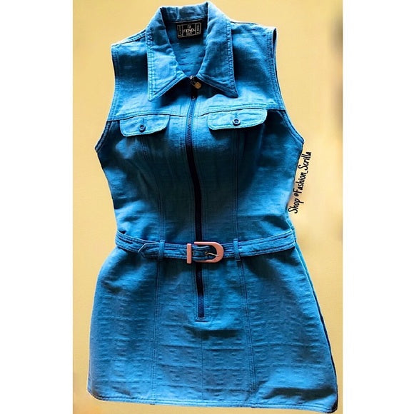 Vintage Fendi Zucca Monogram FF Logo Blue Denim Zip Up Mini Dress